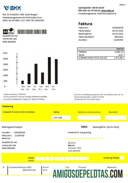 Para baixar modelo de conta de serviços públicos de eletricidade da Noruega BKK em formatos Word e PDF, bom para comprovação de endereço
